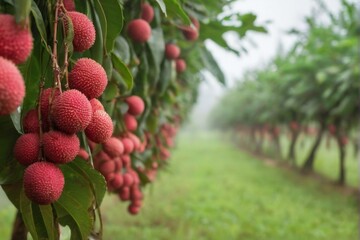 Obraz premium Lychee tree with ripe red fruits in an orchard under overcast sky, creating a serene and peaceful atmosphere.