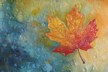 Vibrant autumn scene with a maple leaf on a glass window, raindrops reflecting the warm colors of fall.