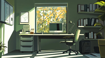 Cabinet room interior with window at home vector background. Modern empty office with workplace cartoon illustration. Chair, table, computer monitor and shelf for corporate workspace environment