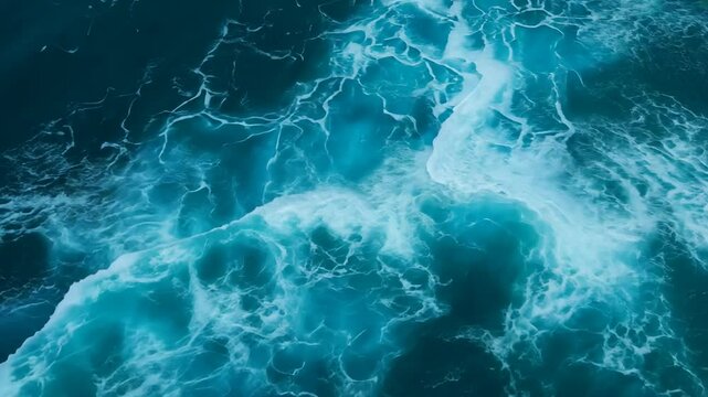 Areal Pure blue Ocean water waves with light reflections at Slow motion, Powerful storm on the sea