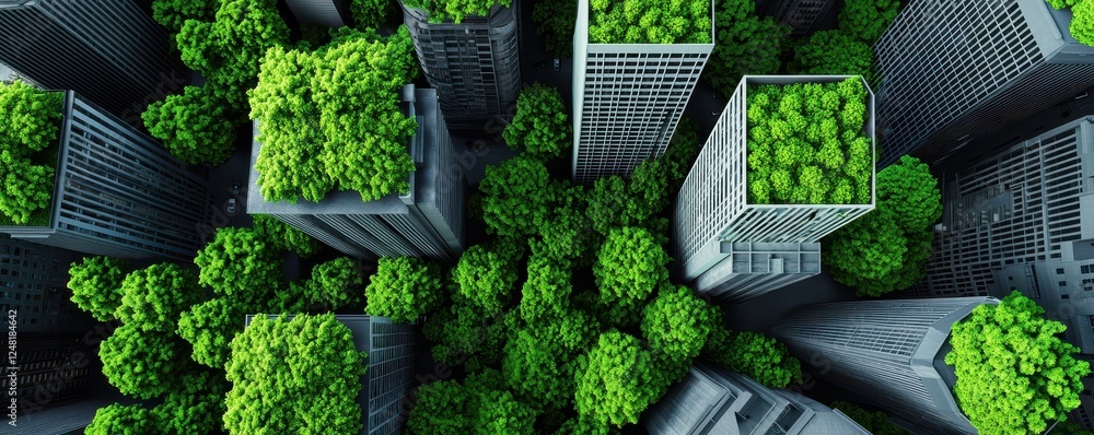 Poster aerial view of a futuristic urban landscape with buildings integrated with lush greenery, highlighti