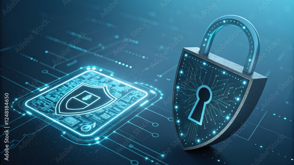 Aufkleber a digital lock symbolizing cybersecurity, surrounded by circuit lines and a shield, represents data 