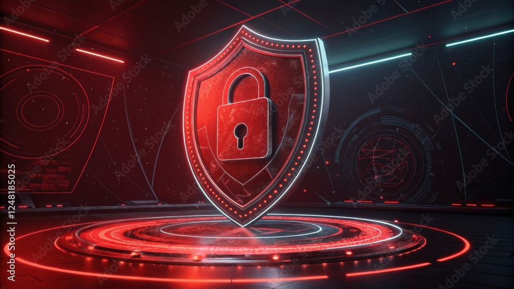 Poster a glowing digital shield with a lock symbol, set in a futuristic environment, emphasizing cybersecur