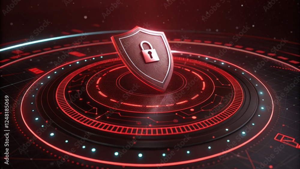 Poster a digital shield icon with a lock, surrounded by red and black circular patterns, represents cyberse