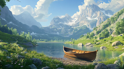 Obraz premium Mountain valley scene with lake and boat. Nature panorama, summer landscape with wooden boat, river, meadows with green grass and stones, hills and rocks on horizon, vector cartoon illustration