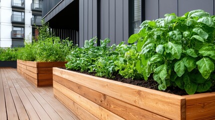 A modern terrace garden featuring wooden planters filled with lush herbs like basil, creating a vibrant outdoor space.