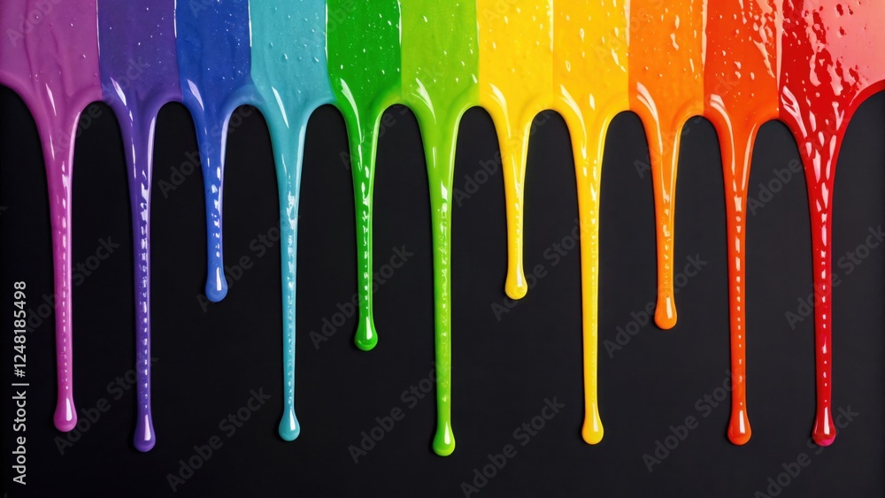 Poster a vibrant display of dripping paint in rainbow colors against a dark background, creating a striking
