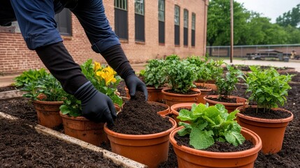 A person in gloves is planting in terracotta pots filled with soil and colorful plants in a garden setting.