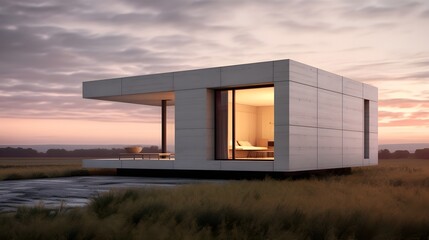 Fototapeta premium A modern minimalist cube shaped house with sharp edges a flat roof and concrete textures floating on a plain white background