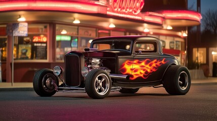 Classic Hot Rod under the Neon Lights of an American Diner at Dusk