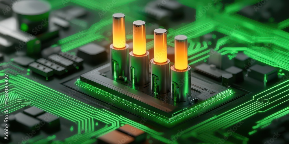 Poster A close-up of a circuit board featuring glowing components, highlighting the intricate design and technology within electronic devices.
