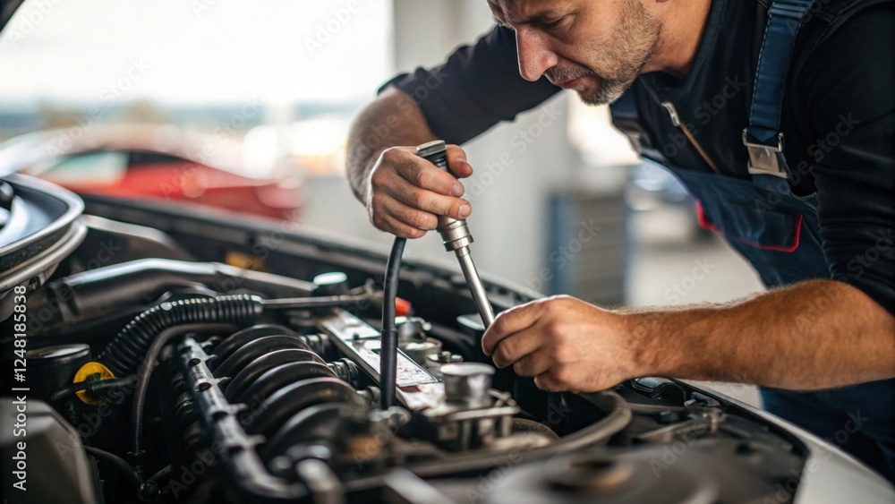 Poster a mechanic works on an engine, using a socket wrench to perform repairs in a well-lit garage.