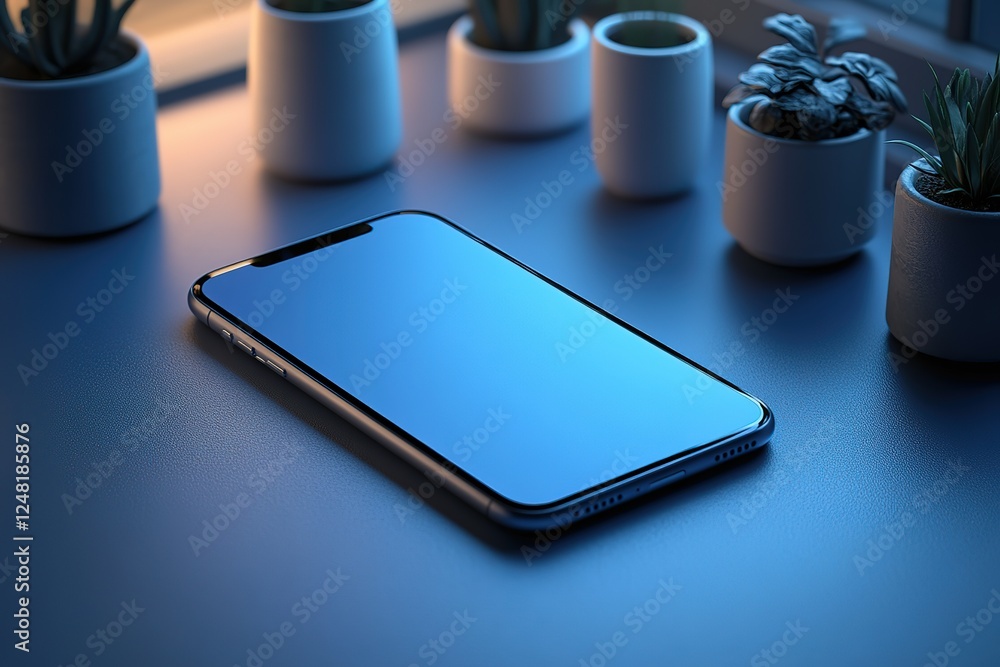 Poster sleek smartphone on desk with plants technology meets nature in this calming workspace setup minimal