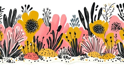 Naklejka premium Abstract Floral Border Design Pink Yellow Mustard Black White Botanical Seamless Pattern Textile Print