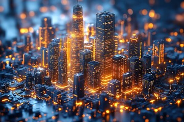 Futuristic cityscape glows with bright lights showcasing a stylized urban scene and architectural detail