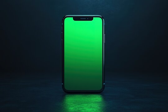Sleek smartphone with a vibrant green screen display modern design and dark background A futuristic mobile technology A vibrant reflection