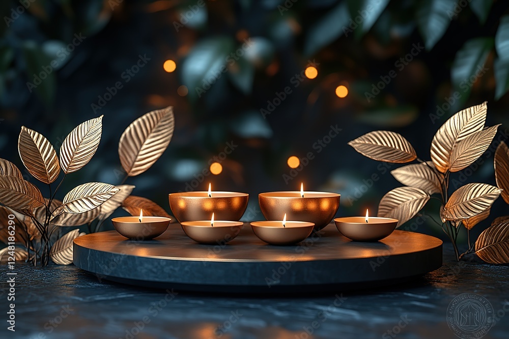 Poster elegant arrangement of lit candles and golden leaves creating a warm inviting ambiance perfect for r