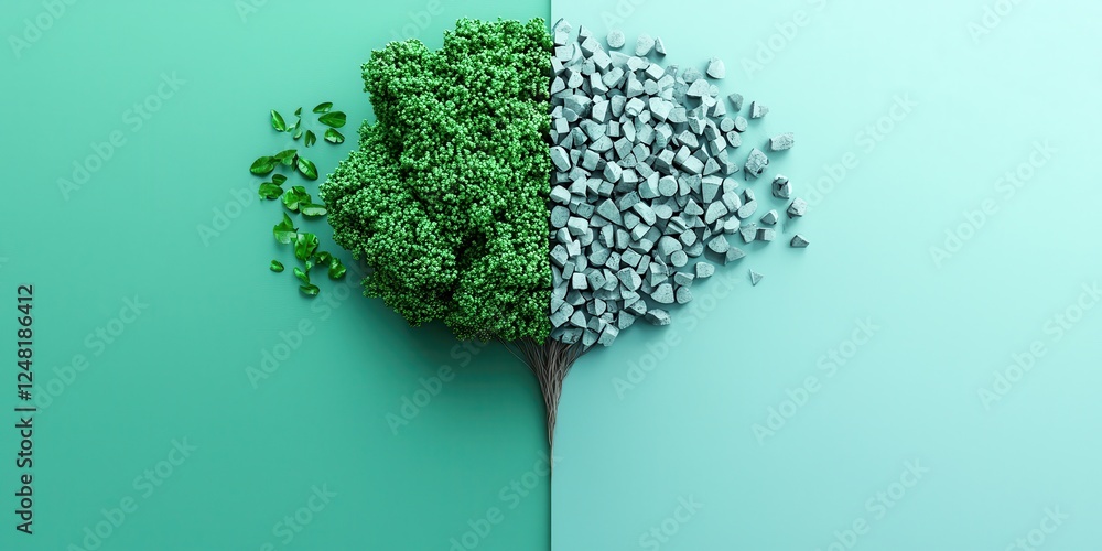 Poster a visually striking image depicting a tree with vibrant green foliage on one side and gray stones on