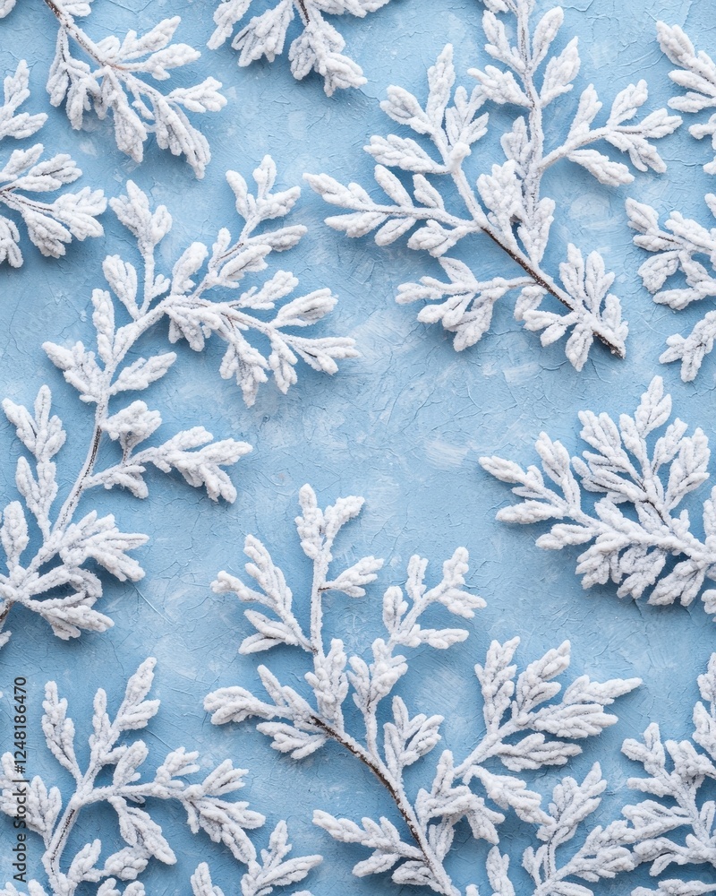 Poster frosted leaves pattern on a blue background creating a serene and tranquil winter atmosphere