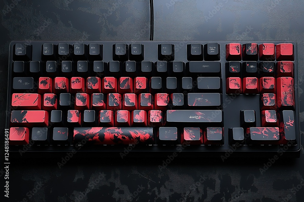 Poster a striking black keyboard with custom red and black marbled keycaps on a dark surface blending style