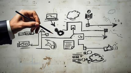 The hands of a businessman sketching the affiliate marketing concept