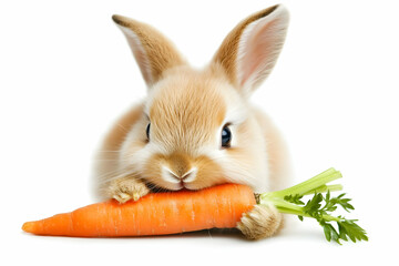 Cute bunny rabbit eating carrot on white