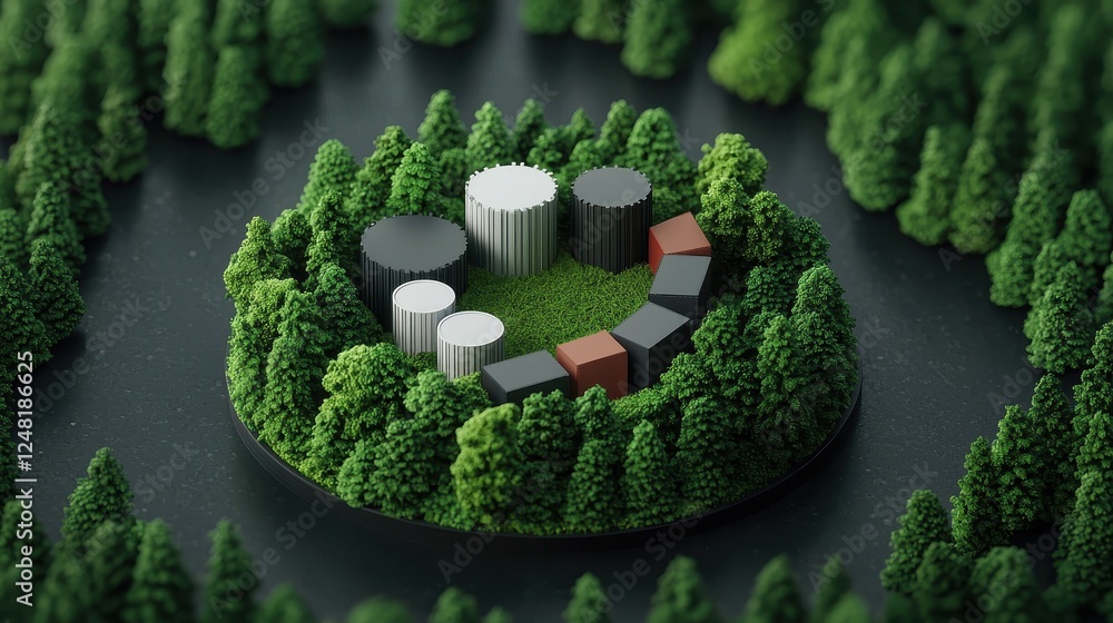 Poster a serene island of trees surrounds various geometric shapes, creating a harmonious blend of nature a