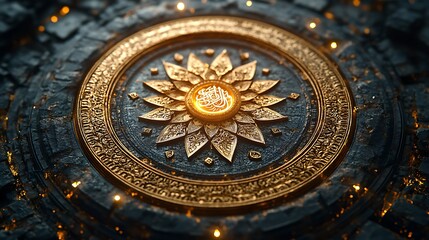 Obraz premium Intricate Golden Mandala with Central Emblem and Glowing Lights on Dark Stone