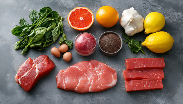 Various iron rich foods on gray table, top view. Anemia diet plan