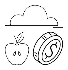 Cloud above apple and coin with dollar sign in black lines. Ideal for technology, health, economy, balance, digital storage, finance, and growth. Abstract line flat metaphor