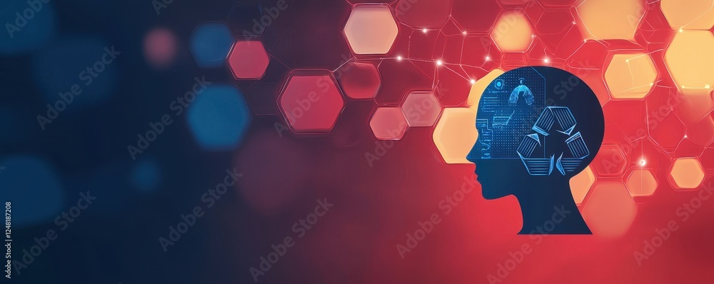Poster a futuristic depiction of a human head silhouette filled with digital patterns, symbolizing intellec