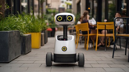 A friendly delivery robot is positioned on a lively urban street, surrounded by greenery and outdoor seating, showcasing modern technology in daily life.