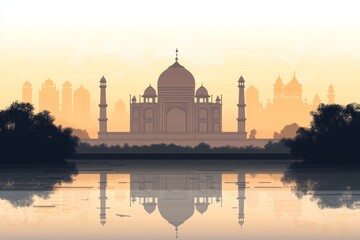 Taj Mahal sunrise reflection in water.