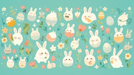 Whimsical Spring Meadow with Cute Baby Animals and Colorful Eggs