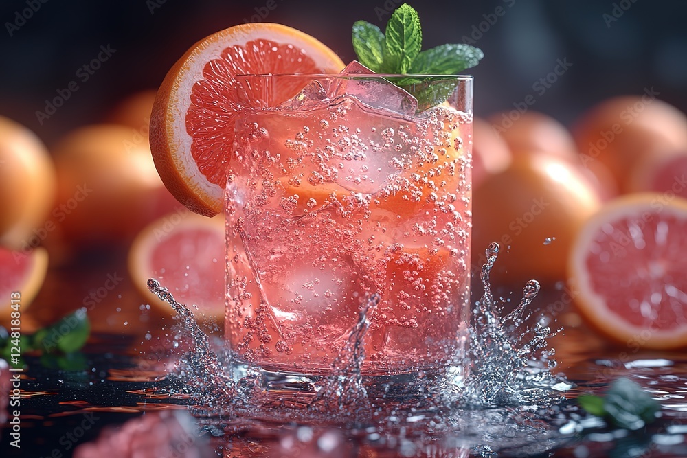 Poster refreshing grapefruit drink with ice and mint perfect for a summer refreshment served in a glass wit
