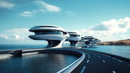 Obraz premium Futuristic architecture features sleek white buildings over coastal waters