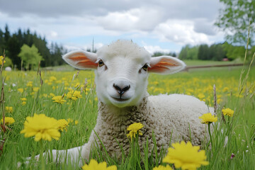 Fototapeta premium Lamb rests in spring meadow, farm background
