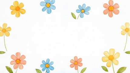 Colorful floral border design featuring blue, orange, and yellow flowers on a light background
