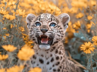Fototapeta premium Smiling leopard cub among vibrant yellow flowers