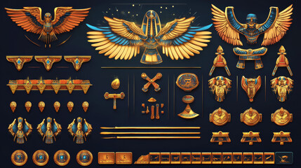 Ancient Egypt ui game gold frame vector symbol. Old egyptian pharaoh decoration element design. Mythology border line with wings kit. Cartoon golden different gui divider clipart png collection