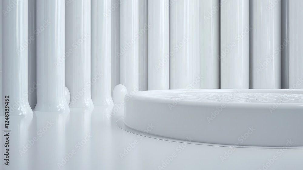 Poster a minimalistic interior featuring white cylindrical forms and a circular platform, creating a clean 