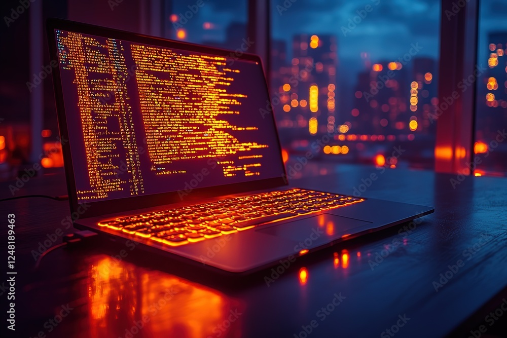 Poster late night coding session laptop displays code with city lights blurred in background illuminated in