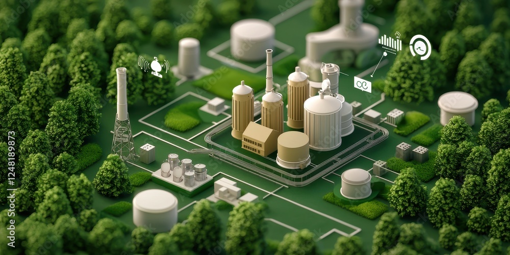 Poster a miniature industrial complex surrounded by lush greenery, featuring various structures and data ov