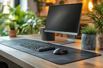 Desk setup with computer keyboard mouse and plants Modern workspace with wooden desk and natural lighting creates a productive environment