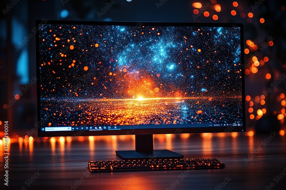 Poster desktop computer displaying cosmic graphics paired with keyboard all glowing in a warm ambient light