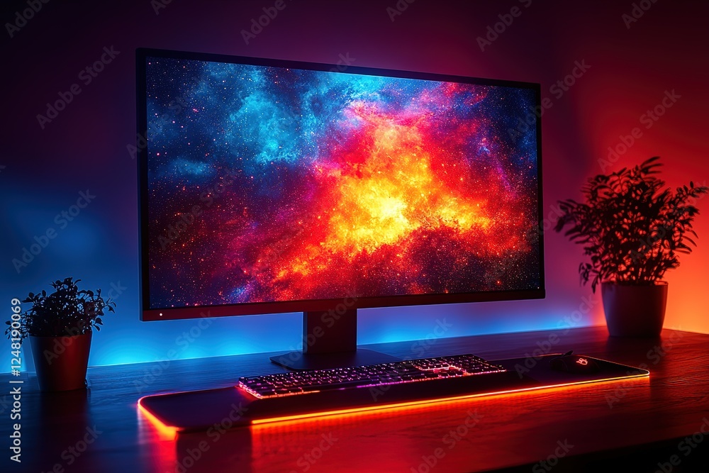 Poster gaming setup featuring a vibrant nebula on the screen illuminated keyboard mousepad and ambient ligh