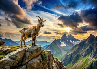 Obraz premium Rock-climbing goat, a symbol of alpine resilience, photographed on a dramatic cliff face.