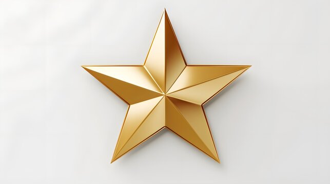 Exquisite high detailed 3D rendering of a brilliant golden five pointed star with a beveled edge design placed against a clean white backdrop