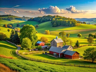 Obraz premium Rolling hills, vibrant farmlands, and charming barns define Pennsylvania's idyllic rural landscape.