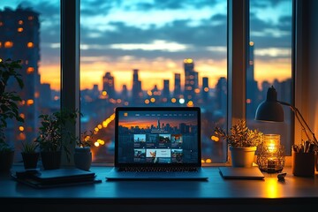 Cityscape view from a desk with a laptop A cozy workspace bathed in warm light